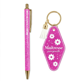 Coffret Meilleure Maîtresse rose porte-clés et stylo - Cadeau fin d'année