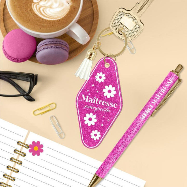 Coffret Meilleure Maîtresse rose porte-clés et stylo - Cadeau fin d'année