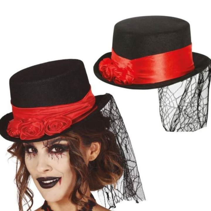 Chapeau vampiresse et voile - Accessoire déguisement Halloween