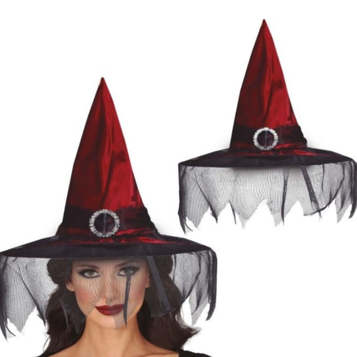 Chapeau sorcière bordeaux et voile - Accessoire déguisement Halloween