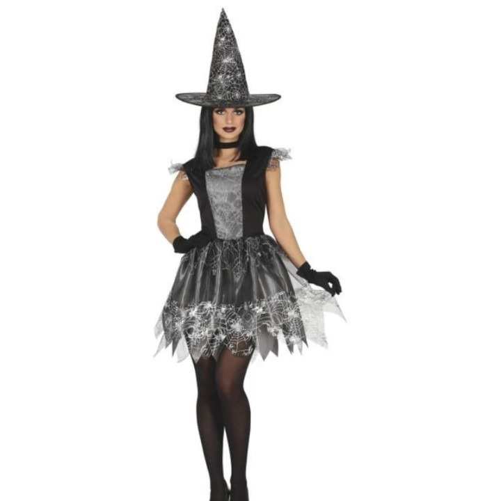 Chapeau sorcière noir toiles d'araignée argent - Accessoire déguisement Halloween