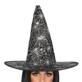 Chapeau sorcière noir toiles d'araignée argent - Accessoire déguisement Halloween