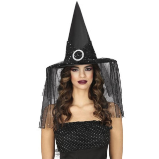 Chapeau sorcière noir voile et étoiles - Accessoire déguisement Halloween