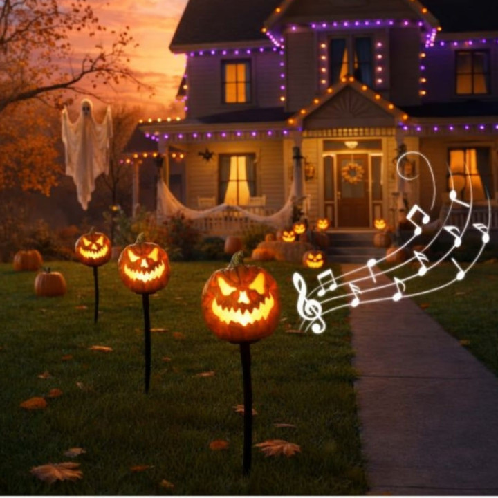 Citrouilles sur pic 13 cm x3 animées - Décoration Halloween extérieur