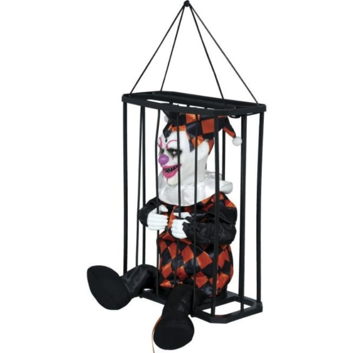 Clown en cage 26 cm animé - Décoration Halloween à suspendre