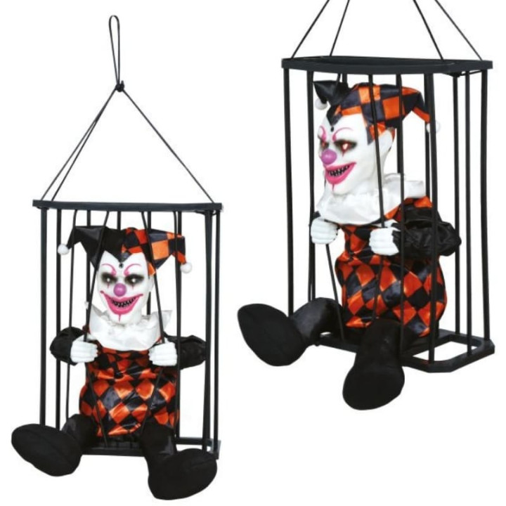 Clown en cage 26 cm animé - Décoration Halloween à suspendre