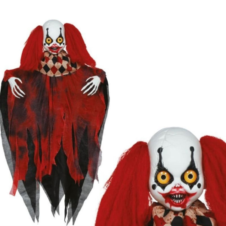 Clown yeux jaunes 98 cm - Décoration Halloween à suspendre