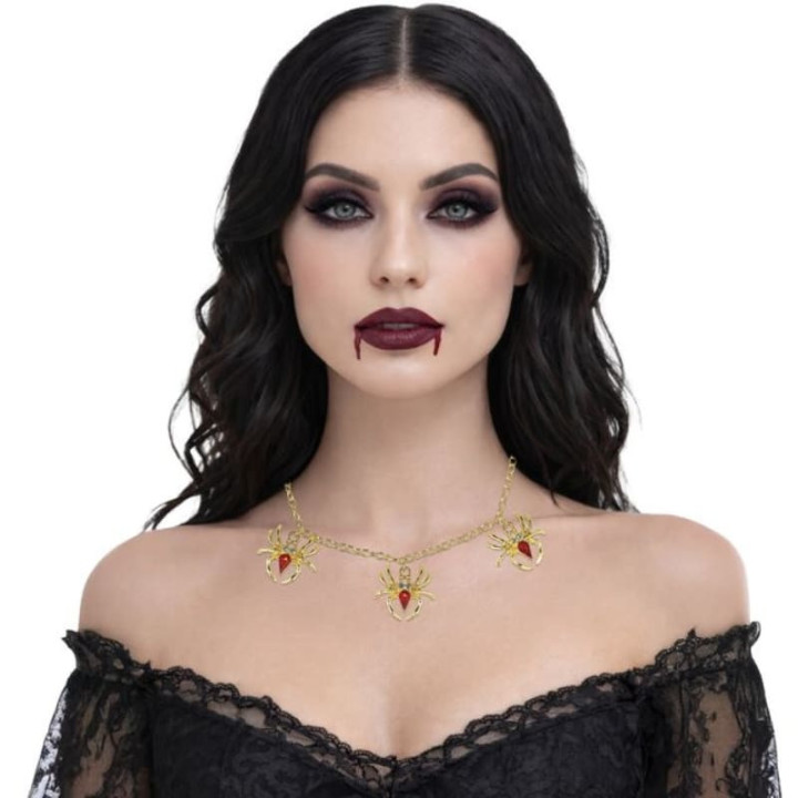 Collier araignée métal or et rouge - Accessoire déguisement Halloween