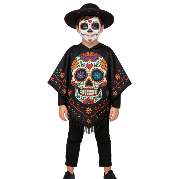 Poncho Day of the Dead enfant 7/9 ans - Déguisement Halloween mixte