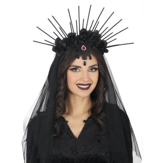 Diadème reine noire fleurs et pics - Accessoire déguisement Halloween