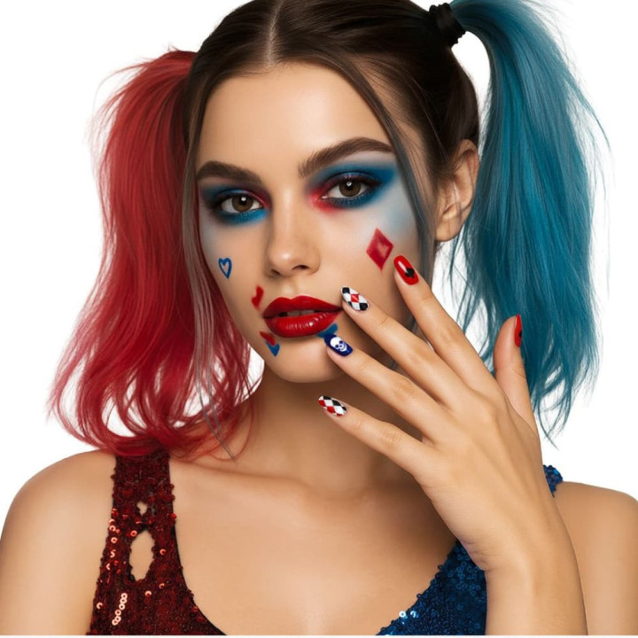 Faux ongles Harley Quinn x12 avec colle - Accessoire déguisement Halloween