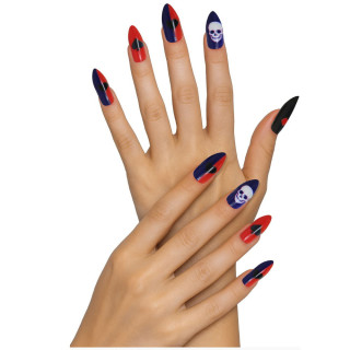 Faux ongles Harley Quinn x12 avec colle - Accessoire déguisement Halloween