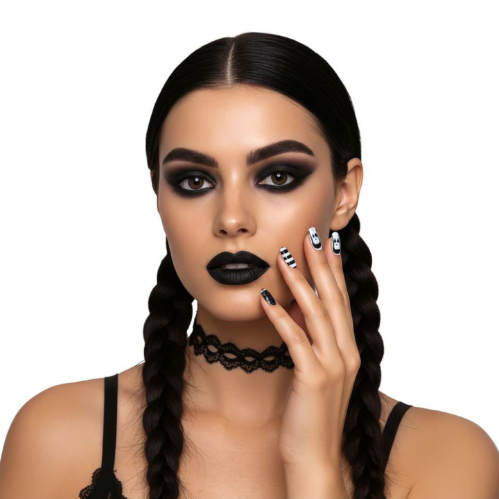 Faux ongles Mercredi x12 avec colle - Accessoire déguisement Halloween