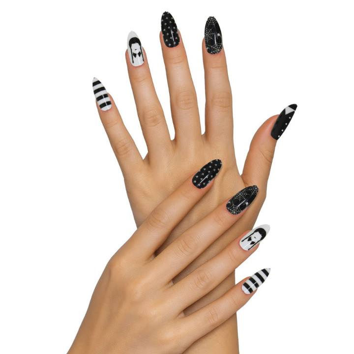 Faux ongles Mercredi x12 avec colle - Accessoire déguisement Halloween