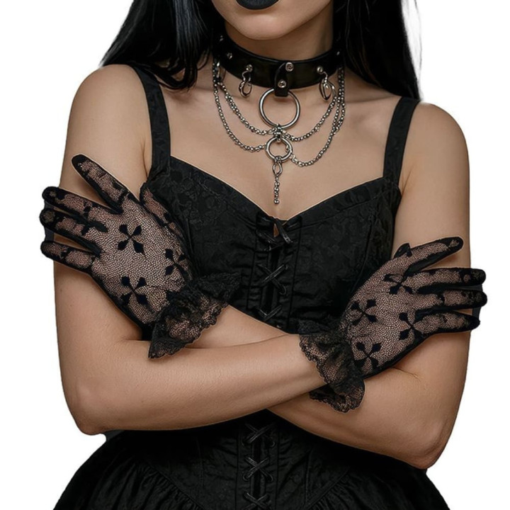 Gants courts dentelle croix noirs - Accessoire déguisement Halloween