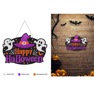 Panneau Happy Halloween pailleté fantôme 37 x 27 cm - Décoration Halloween