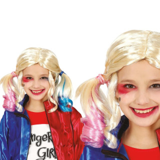 Perruque enfant Harley Quinn rose et bleue - Accessoire déguisement Halloween