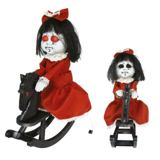 Poupée robe rouge cheval à bascule 40 cm animée - Décoration Halloween
