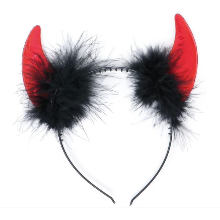 Serre-tête cornes de diable rouges fourrure noire - Accessoire déguisement Halloween