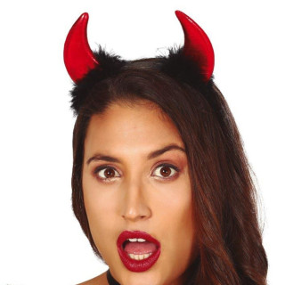 Serre-tête cornes de diable rouges fourrure noire - Accessoire déguisement Halloween