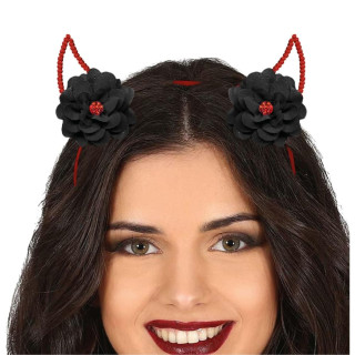 Serre-tête cornes de diable rouges fleurs noires - Accessoire déguisement Halloween
