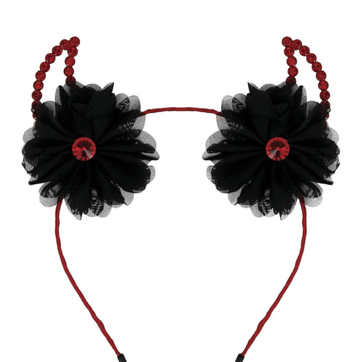 Serre-tête cornes de diable rouges fleurs noires - Accessoire déguisement Halloween