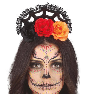 Serre-tête jour des morts fleurs et dentelle - Accessoire déguisement Halloween