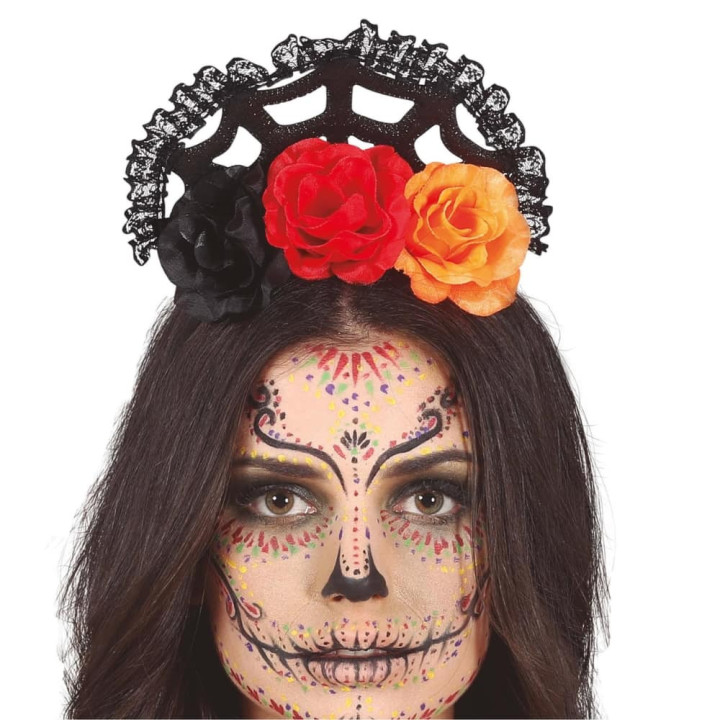 Serre-tête jour des morts fleurs et dentelle - Accessoire déguisement Halloween