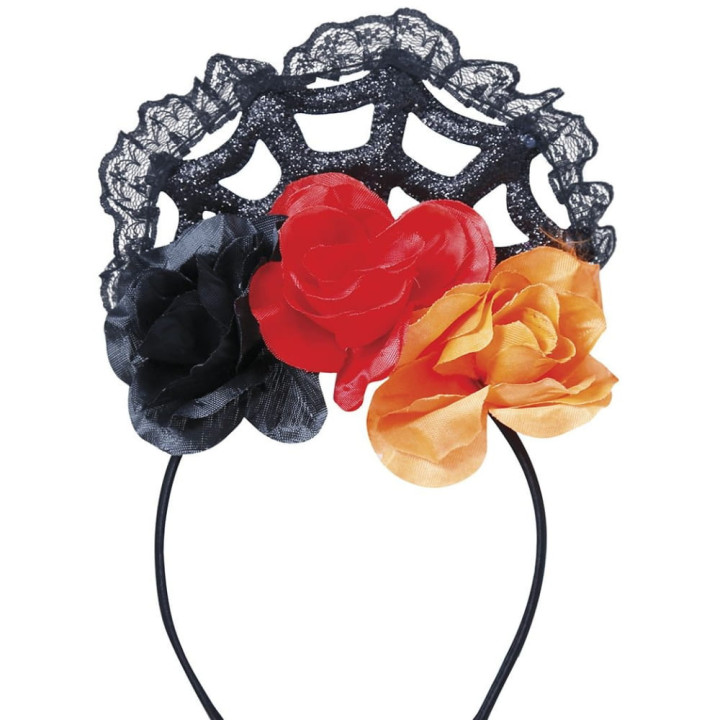 Serre-tête jour des morts fleurs et dentelle - Accessoire déguisement Halloween