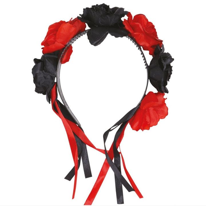 Serre-tête jour des morts fleurs rouges et noires - Accessoire déguisement Halloween