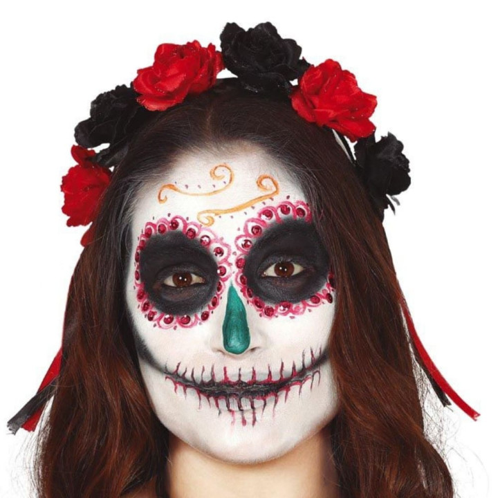 Serre-tête jour des morts fleurs rouges et noires - Accessoire déguisement Halloween