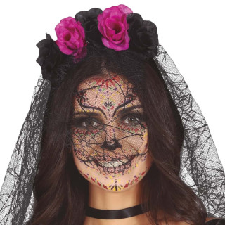 Serre-tête jour des morts noir et violet avec voile - Accessoire déguisement Halloween