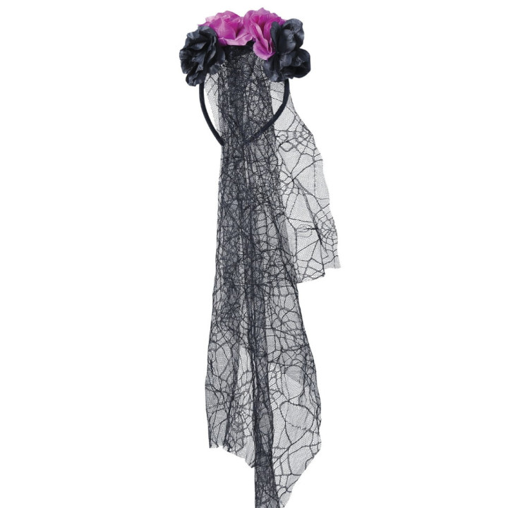 Serre-tête jour des morts noir et violet avec voile - Accessoire déguisement Halloween