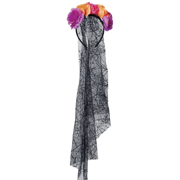 Serre-tête violet et orange avec voile - Accessoire déguisement Halloween