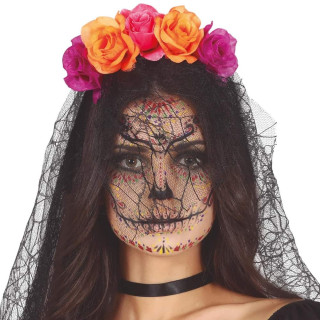 Serre-tête violet et orange avec voile - Accessoire déguisement Halloween