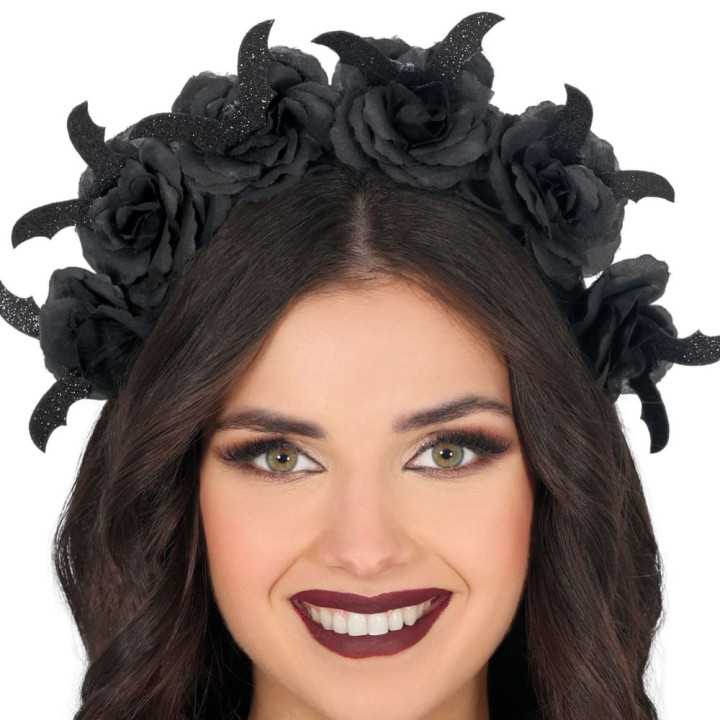 Serre-tête fleurs et chauves-souris noires - Accessoire déguisement Halloween