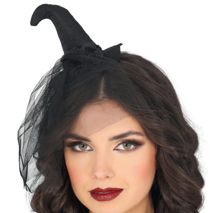 Serre-tête mini chapeau de sorcière noir avec voilette - Accessoire déguisement Halloween