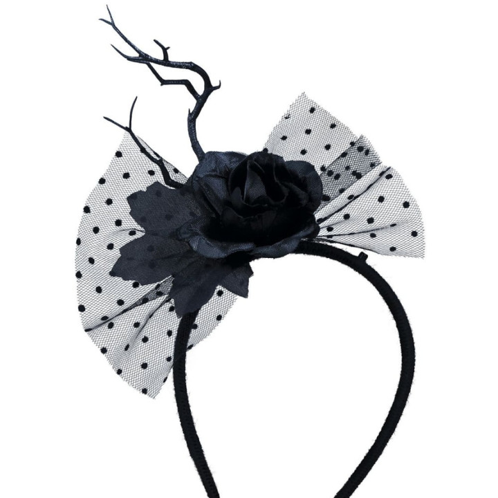 Serre-tête rose noire et voile - Accessoire déguisement Halloween