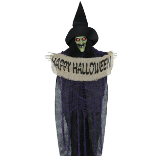 Sorcière avec pancarte Happy Halloween 110 cm à suspendre - Décoration Halloween