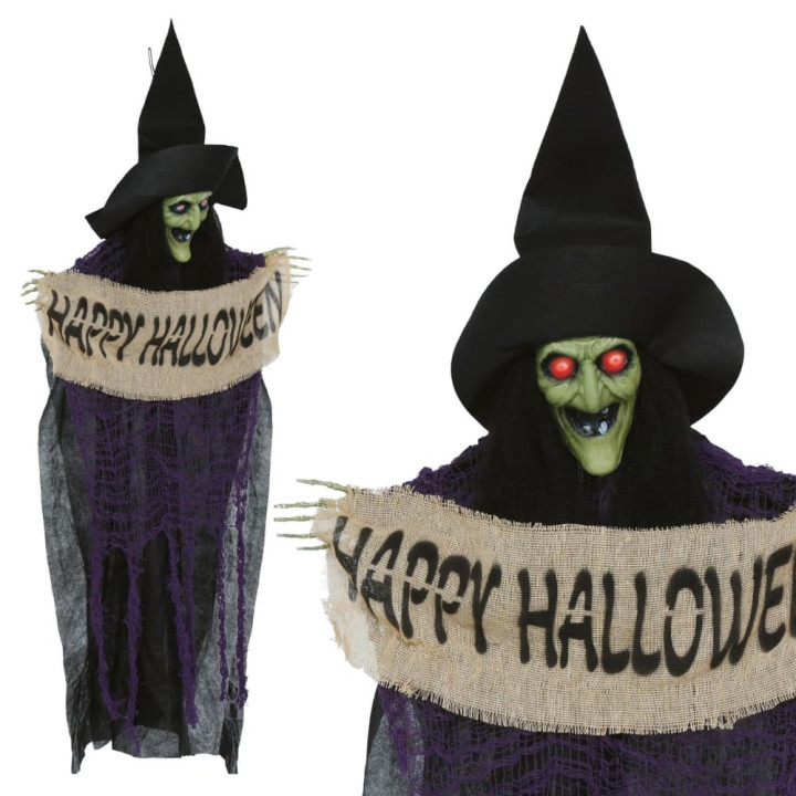 Sorcière avec pancarte Happy Halloween 110 cm à suspendre - Décoration Halloween