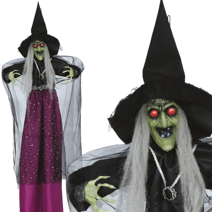 Sorcière violette 130 cm à suspendre animée - Décoration Halloween