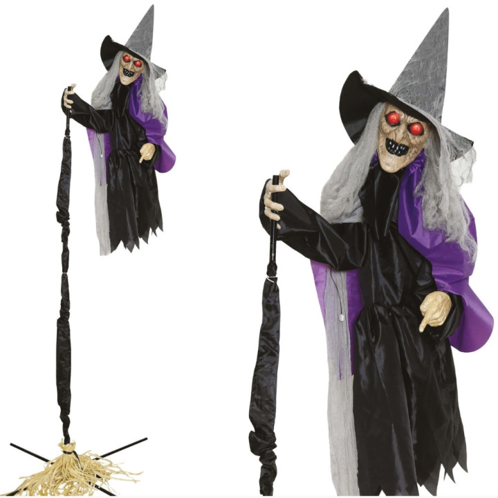 Sorcière volante et balai 225 cm animée - Décoration Halloween