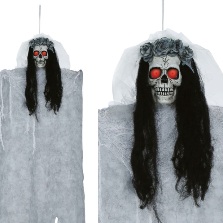 Squelette blanc jour des morts avec cheveux 95 cm à suspendre - Décoration Halloween