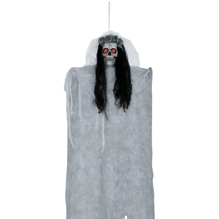 Squelette blanc jour des morts avec cheveux 95 cm à suspendre - Décoration Halloween