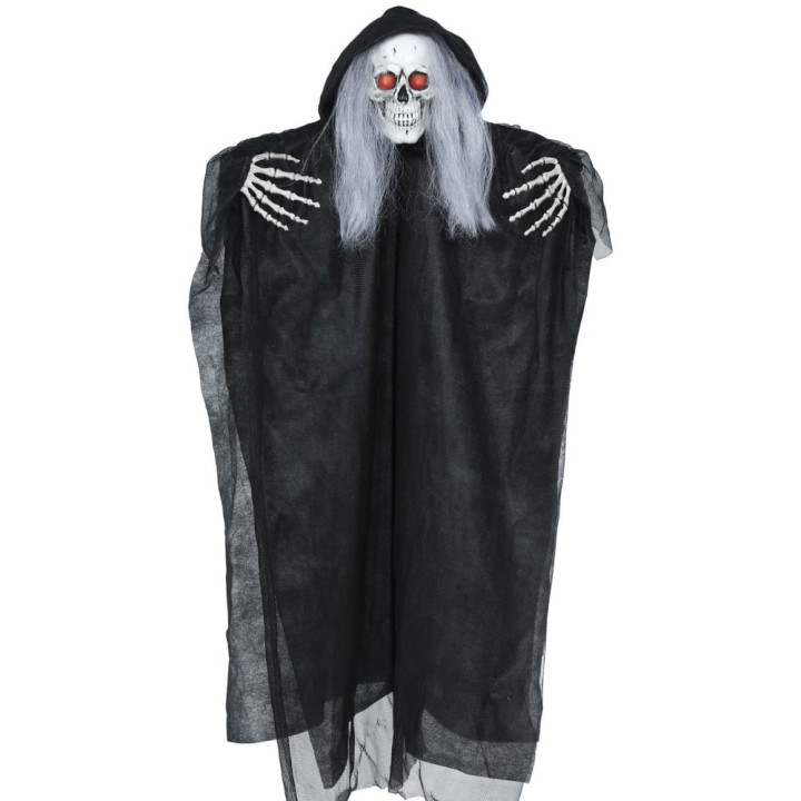 Squelette noir avec cheveux 90 cm à suspendre animé - Décoration Halloween