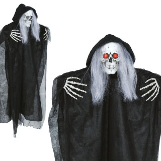 Squelette noir avec cheveux 90 cm à suspendre animé - Décoration Halloween