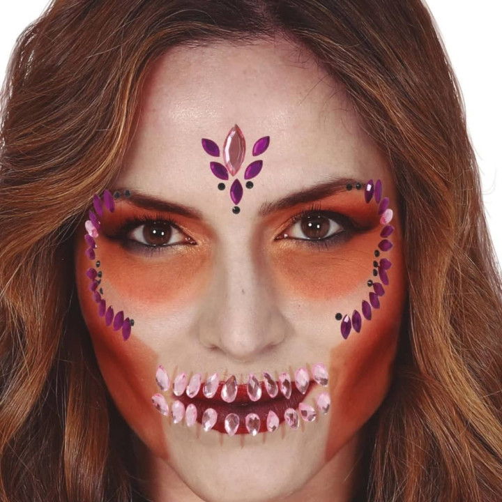 Strass visage autocollant jour des morts rose - Accessoire maquillage Halloween