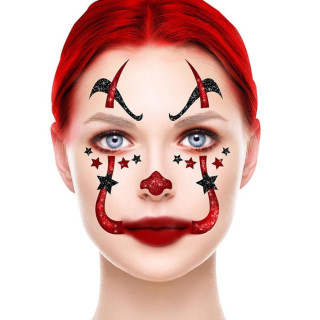 Tatouage visage clown rouge et noir pailleté - Accessoire maquillage Halloween