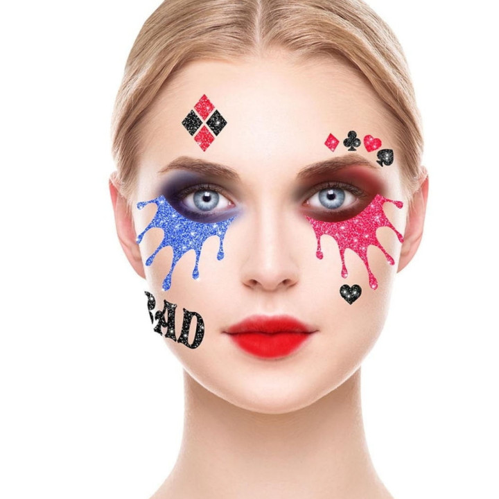 Tatouage visage Harley Quinn pailleté - Accessoire maquillage Halloween
