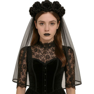 Voile noir roses noires 80 cm - Accessoire déguisement Halloween